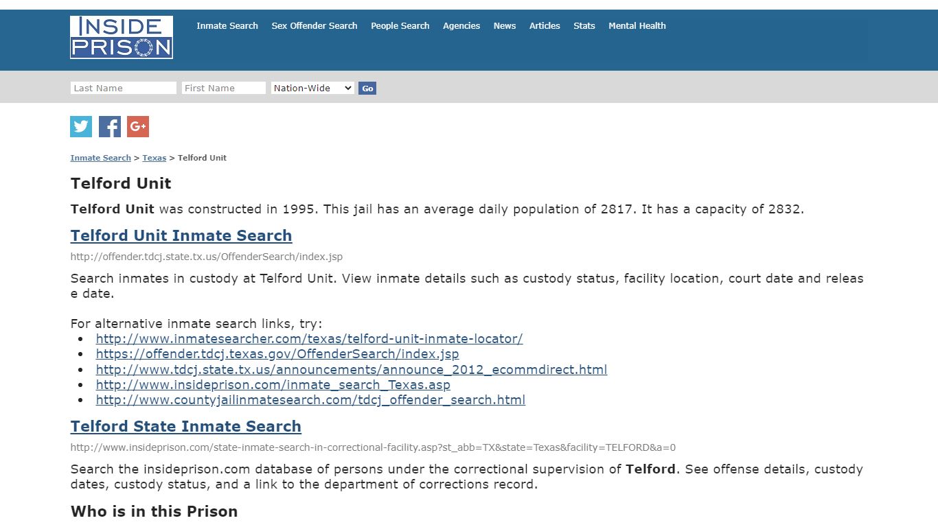 Telford Unit - Texas - Inmate Search - Inside Prison
